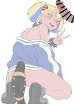  1girl animal_print ass ass_focus bar_censor bare_shoulders black_collar blonde_hair blood blue_eyes blue_jacket blush body_freckles bracelet censored collar commentary_request cum dildo drooling earrings erection freckles from_behind hair_between_eyes hair_between_horns highres horns jacket jewelry looking_at_viewer looking_back medium_hair multicolored_hair multicolored_horns nosebleed oni open_mouth original penis pussy_juice saliva sex_toy shoes skin-covered_horns solo spiked_bracelet spiked_collar spikes spread_legs squatting sweat tiger_print twintails two-tone_hair v zettai_yarumoni 