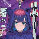  1girl 67_(meme) animal_ear_hood blue_eyes blue_hair blue_hoodie brain cellphone_tower_radiation_effects_(meme) cellular_tower claw_ring commentary drawstring english_commentary expressionless hololive hololive_english hood hood_up hoodie looking_at_viewer meme old_metal_666 ouro_kronii solo syringe tung_tung_tung_sahur upper_body virtual_youtuber 