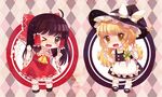  &gt;_o :3 :d ahoge apron argyle argyle_background blonde_hair blush braid buttons chibi double_v gohei hair_tubes hakurei_reimu hat heart heart-shaped_pupils kirisame_marisa looking_at_viewer multiple_girls mvv one_eye_closed open_mouth simple_background single_braid smile standing symbol-shaped_pupils touhou v waist_apron witch_hat 