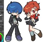  1boy 1girl :d armband art_program_in_frame asymmetrical_bangs belt ben-day_dots black_jacket black_outline black_pants black_skirt blue_hair blue_shoes blush_stickers brown_belt brown_hair brown_shoes chibi chibi_only clip_studio_paint clip_studio_paint_(medium) collared_shirt commentary_request deformed digital_walkman dot_nose expressionless gekkoukan_high_school_uniform green_ribbon grey_eyes grey_outline hair_ornament hair_over_one_eye hairclip hand_in_pocket hand_on_own_cheek hand_on_own_face high_ponytail jacket kneehighs korean_commentary loafers looking_at_viewer miniskirt mp3_player neck_ribbon open_clothes open_jacket outline pants parted_lips persona persona_3 persona_3_portable pleated_skirt ponytail red_armband red_eyes ribbon school_uniform screenshot screentones shiomi_kotone shirt shoes short_ponytail simple_background skirt smile socks tofu_sando walkman_nw-s203f white_background white_shirt white_socks x_hair_ornament yuuki_makoto_(persona_3) 
