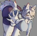 2026 5_fingers anthro arctic_wolf arm_on_ground big_breasts big_butt big_tail biped black_bottomwear black_clothing black_nose black_pants blue_clothing blue_ears blue_markings blue_shirt blue_topwear bottomwear breasts butt canid canine canis cheek_tuft claws clothing digital_drawing_(artwork) digital_media_(artwork) eyebrow_through_hair eyebrows eyelashes facial_tuft female finger_claws fingers fluffy fluffy_chest fluffy_tail fur furgonomics grey_background hair hair_over_eye hakuwxx head_tuft hi_res humanoid_hands hunched_over knee_tuft leaning_over leg_tuft long_hair looking_at_viewer maedbh_(anchorite) mammal markings narrowed_eyes nipple_outline one_eye_obstructed open_palm pants portrait raised_arm reaching_towards_viewer red_ears red_eyes red_markings shaded shirt simple_background snout solo tail thick_thighs tipped_ears topwear translucent translucent_hair tuft white_body white_fur white_hair white_sclera wolf yoga_pants