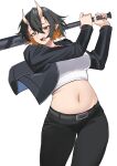  1girl :d absurdres baseball_bat belt black_belt black_hair black_jacket black_pants brown_eyes character_request colored_inner_hair commentary commission copyright_request cowboy_shot crop_top fangs highres holding holding_baseball_bat horns jacket long_sleeves midriff multicolored_hair navel open_clothes open_jacket open_mouth orange_hair pants pinepin pointy_ears shirt short_hair simple_background smile solo standing stomach thighs white_background white_shirt 
