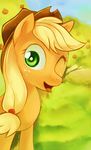  apple applejack_(mlp) blonde_hair cowboy_hat equine female feral freckles friendship_is_magic fruit fur green_background green_eyes hair hat horse kohtek looking_at_viewer mammal my_little_pony one_eye_closed open_mouth orange_fur plain_background pony simple_background smile solo 