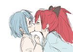  blue_hair closed_eyes errant kiss long_hair mahou_shoujo_madoka_magica miki_sayaka multiple_girls ponytail red_hair sakura_kyouko school_uniform short_hair simple_background sketch white_background yuri 