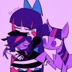  3girls animal animal_ears artist_name bags_under_eyes beret black_dress blue_bow blue_hair bow color_connection commentary crossover dog dog_ears dog_tail dress english_commentary goth_fashion gothic_lolita hair_bow hair_color_connection hair_over_one_eye hat highres holding holding_animal holding_dog hooves horse horse_ears lace_trim littlest_pet_shop littlest_pet_shop_(2012) lolita_fashion long_hair looking_at_another looking_at_viewer mane mole mole_under_mouth multicolored_hair multiple_crossover multiple_girls my_little_pony my_little_pony:_friendship_is_magic panty_&amp;_stocking_with_garterbelt pink_streaks polka_dot polka_dot_background poroshya purple_background purple_eyes purple_hair purple_nails purple_streaks purple_theme stocking_(psg) streaked_hair striped_clothes striped_thighhighs tail thighhighs twilight_sparkle unicorn zoe_trent 