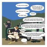 1:1 ambiguous_gender anthro areola beagle big_breasts black_clothing black_shirt black_t-shirt black_topwear bodily_fluids boots border bottomwear breasts brown_body brown_boots brown_clothing brown_footwear brown_fur canid canine canis casual_urination clothed clothes_on_ground clothing crouching dialogue domestic_dog duo english_text facial_markings female footwear fur genital_fluids genitals green_bottomwear green_clothing green_pants grey_body grey_clothing grey_footwear grey_fur grey_panties grey_socks grey_underwear head_markings hi_res hunting_dog jo_(oystr) light_truck mammal markings mel_(oystr) multicolored_body multicolored_fur muzzle_(marking) nipples nonbinary_(lore) oystr panties pants peeing pickup_truck pink_nipples presa_canario pubes raised_clothing raised_shirt raised_topwear scent_hound shirt shoes simple_background slightly_chubby slightly_chubby_female socks speech_bubble t-shirt text topwear truck two_tone_body two_tone_fur underwear united_states_forest_service urine urine_pool urine_stream vehicle vulva white_body white_border white_fur