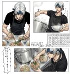  1boy absurdres apron black_apron black_shirt blue_headband border bowl brown_eyes calendar_(object) chopsticks closed_eyes commentary_request cooking earrings final_fantasy final_fantasy_vi food furrowed_brow grey_hair headband highres holding holding_bowl holding_chopsticks holding_ladle jewelry ladle locke_cole locke_otaku male_focus multiple_views necklace noodles parted_bangs parted_lips ramen shirt short_hair softboiled_egg solo steam stove sweat t-shirt upper_body white_background white_border 