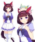  2girls absurdres animal_ears blunt_bangs blush bow bowtie breasts brown_hair closed_mouth commentary_request ear_covers flower grey_hair hair_between_eyes hair_flower hair_ornament hairband hairclip highres horse_ears horse_girl horse_tail kanzakietc large_breasts looking_at_viewer multiple_girls nishino_flower_(umamusume) on_head open_mouth parted_lips pink_hairband pleated_skirt puffy_short_sleeves puffy_sleeves purple_bow purple_bowtie purple_eyes purple_shirt sailor_collar sailor_shirt school_uniform seiun_sky_(umamusume) shirt short_hair short_sleeves simple_background single_ear_cover skirt smile sunflower sunflower_hair_ornament tail thighhighs tracen_school_uniform umamusume white_background white_sailor_collar white_skirt white_thighhighs x_hair_ornament 