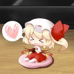  &gt;_&lt; :d ascot bad_id bad_pixiv_id blonde_hair blush chibi chocolate closed_eyes cocozasa cushion fang flandre_scarlet flapping happy hat hat_ribbon heart minigirl open_mouth ribbon shirt side_ponytail sitting skirt skirt_set smile solo spoken_heart touhou wings xd 