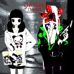  1boy 1girl animal_print baseball_bat bear_print black_hair blunt_bangs ceiling_light closed_mouth commentary copyright_name cosplay cowboy_shot demogorgon_(stranger_things) demogorgon_(stranger_things)_(cosplay) denim english_text green_jacket hallway hand_on_own_hip highres holding holding_sketchbook holding_walkie-talkie holding_weapon hood hood_down hoodie indoors jacket jeans long_sleeves looking_at_viewer monster_boy open_clothes open_jacket original overexposure panda_print pants parody photo_background print_hoodie short_shorts shorts sketchbook standing stranger_things susushi_11 trap twintails walkie-talkie weapon 