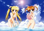  2girls :d absurdres ball blonde_hair blue_eyes blue_sky blush brown_hair cloud collarbone fate_testarossa female flat_chest hair_ribbon highres lens_flare long_hair long_image looking_at_viewer lyrical_nanoha mahou_shoujo_lyrical_nanoha mahou_shoujo_lyrical_nanoha_the_movie_1st maroon_eyes multiple_girls navel nipples nude nude_filter ocean open_mouth outdoors photoshop pussy ribbon short_twintails sky smile takamachi_nanoha twintails uncensored undressing wading wallpaper water wide_image 