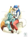  anthro blush canine couple duo embrace female fox kacey mammal nightgown plain_background sofa wolf 