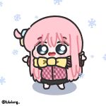  1girl black_skirt blue_eyes bocchi_the_rock! chibi chibi_only coat commentary english_commentary full_body gotoh_hitori highres long_hair looking_at_viewer lulalang one_side_up open_mouth pink_coat pink_hair scarf simple_background skirt smile snowflakes snowing solo standing twitter_username white_background yellow_scarf 