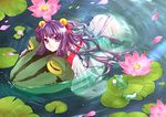  afloat animal ass flower frog hair_ornament kiriga_naina lily_pad long_hair looking_at_viewer lotus lying minigirl off_shoulder on_stomach original oversized_animal partially_submerged petals pink_eyes purple_hair riding see-through smile solo very_long_hair water wet wet_clothes 