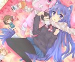  &gt;_&lt; acchi_kocchi animal_ears blood blue_hair cat_ears cat_tail character_doll closed_eyes haruno_hime highres inui_sakaki katase_mayoi long_hair miniwa_tsumiki nosebleed otonashi_io pantyhose solo tail 