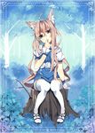  ahoge animal_ears bad_id bad_pixiv_id blue_eyes brown_hair finger_to_mouth head_tilt koba long_hair original sitting sitting_on_tree_stump solo thighhighs tree_stump white_legwear wrist_cuffs 