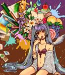  apple bad_id bad_pixiv_id balloon bikini bracelet cherry colored_pencil finger_to_mouth flower food front-tie_top fruit giraffe grapes hatsune_miku head_tilt highres jewelry kittyo lily_(flower) long_hair navel off_shoulder open_mouth orange orange_slice paint paintbrush pencil sitting sleeves_pushed_up solo swimsuit twintails very_long_hair vocaloid wings 