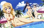  3girls black_hair blonde_hair blue_sky braid breasts charlotte_dunois cloud clouds eyepatch female grey_hair highres infinite_stratos jewelry laura_bodewig long_hair multiple_girls necklace nipples nude nude_filter outdoors palm_tree photoshop ponytail pool purple_eyes pussy shinonono_houki sky tree twintails umbrella uncensored undressing water 