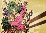  birdcage bokura_no_16bit_warz_(vocaloid) cage camouflage camouflage_pants campanella_(vocaloid) cupcake dessert eating envelope feathers food gao_(2334787) gatling_gun glasses goggles green_eyes green_hair gumi gun heart matryoshka_(vocaloid) mosaic_roll_(vocaloid) pants railroad_tracks scissors solo songover surreal vocaloid weapon yowamushi_mont-blanc_(vocaloid) 