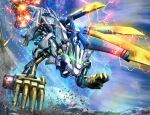  claws commentary_request electricity explosion fangs glowing glowing_eyes green_eyes hiropon_(tasogare_no_puu) mecha no_humans non-humanoid_robot outdoors robot robot_animal science_fiction solo weapon wild_liger zoids_wild 