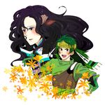  1boy 1girl animal_ears belt black_hair brown_eyes flower gloves green_hair headband hilda_rhambling horns konyo long_hair open_mouth tales_of_(series) tales_of_rebirth tytree_crowe 