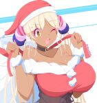  1girl alternate_costume black_choker blonde_hair breasts choker cleavage dark-skinned_female dark_skin dress erikuukun fur-trimmed_dress fur-trimmed_headwear fur_trim hair_ornament hat highres hololive hololive_english large_breasts long_hair looking_at_viewer one_eye_closed open_mouth planet_hair_ornament pom_pom_(clothes) red_hat santa_costume santa_dress smile solo teeth tsukumo_sana twintails upper_teeth_only very_long_hair virtual_youtuber yellow_eyes 