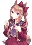 1girl absurdres animal_ears black_sailor_collar blush bow bow_hairband braid braided_hair_rings brown_hair casual commentary_request dress hair_rings hairband highres horse_ears horse_girl horse_tail kanzakietc long_hair long_sleeves looking_at_viewer necktie open_mouth purple_eyes purple_necktie red_bow red_dress red_hairband sailor_collar simple_background solo sweep_tosho_(casual)_(umamusume) sweep_tosho_(umamusume) tail twintails umamusume white_background 
