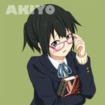  adjusting_eyewear blush book character_name glasses hashiribe_akira k-on! k-on!_movie miyamoto_akiyo ponytail school_uniform short_hair simple_background solo union_jack 