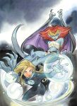  2girls armlet bat_wings blonde_hair blue_bodysuit blue_eyes blue_gloves blue_skin blue_tail bodysuit bubble colored_skin comic_cover cover cover_page crop_top crossover demona fantastic_four gargoyles gloves gold_tiara highres jewelry knee_spikes logo long_hair marvel monster_girl multiple_girls navel official_art peach_momoko pointy_ears red_hair shirt short_hair sitting sue_storm superhero_costume textless_version white_loincloth white_shirt wings 