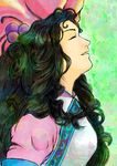  1girl black_hair breasts eyes_closed green_background hair_ornament hat hilda_rhambling long_hair tales_of_(series) tales_of_rebirth 