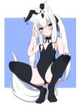  1girl ahoge animal_ear_fluff animal_ears ass_visible_through_thighs bare_arms bare_shoulders black_bow black_leotard black_thighhighs blue_background blue_eyes blush bow breasts closed_mouth commentary_request covered_navel fox_girl full_body hair_between_eyes hair_bow hand_up highres leotard long_hair looking_at_viewer natsuginji no_shoes original playboy_bunny rabbit_ears safety_pin small_breasts solo squatting strapless strapless_leotard tail thighhighs tiptoes twintails two-tone_background very_long_hair w white_background white_hair 