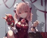  2girls :d alpha_transparency bandaged_arm bandages blurry blurry_foreground bun_cover chinese_clothes commentary cuffs double_bun flower grey_background hair_bun holding holding_mask horns ibaraki_douji_(touhou) ibaraki_kasen looking_at_viewer mask medium_hair multiple_girls oni_mask open_mouth pink_eyes pink_flower pink_hair pink_rose red_ribbon ribbon rose shackles shadow sharp_teeth short_sleeves sitting smile splatter teeth thumbnail_surprise touhou toutenkou upper_body 