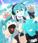 1boy 2025_hatsune_miku_look-alike_contest 2girls \n/ animal_hands aqua_eyes aqua_hair aqua_mask aqua_necktie aqua_tongue balaclava black_shirt collared_shirt furry furry_female fursuit grey_shirt grin hand_puppet headphones headphones_around_neck headset highres long_hair looking_at_viewer meme multiple_girls necktie posing print_shirt puppet shirt sketch sleeveless sleeveless_shirt smile sparkle theboatlord tongue tongue_out twintails vocaloid 