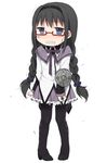  akemi_homura black_hair blush boots bow bowtie braid chibi frilled_skirt frills full_body gem glasses hairband high_heels injury long_sleeves looking_at_viewer mahou_shoujo_madoka_magica nose_blush pantyhose pleated_skirt purple_eyes red-framed_eyewear sad sailor_collar shoes simple_background skirt solo standing tears thigh_boots thighhighs tsuzuya_(knt31) twin_braids wavy_mouth white_background 
