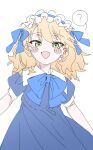  1girl ? absurdres blonde_hair blue_bow blue_bowtie blue_dress blush_stickers bow bowtie commentary_request dress frilled_hairband frills green_eyes hairband highres idolmaster idolmaster_cinderella_girls looking_at_viewer medium_hair meeeeeeco359 open_mouth sakurai_momoka short_sleeves simple_background smile solo spoken_question_mark triangle_mouth upper_body white_background 