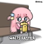  1girl backpack bag bench blue_eyes blurry bocchi_the_rock! chibi chibi_only closed_mouth cube_hair_ornament full_body gotoh_hitori hair_ornament highres holding holding_bag jacket long_hair lulalang meme on_bench one_side_up pink_hair pink_jacket sitting solo twitter_username waits_faster_(meme) white_background 