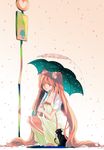  bad_id bad_pixiv_id barefoot cat dress flower hair_flower hair_ornament hatsune_miku long_hair petals sakura_miku solo sonya squatting twintails umbrella very_long_hair vocaloid 