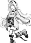  1girl absurdres boots collar commentary_request cross cross_earrings drum_(kancolle) earrings fur-trimmed_boots fur_trim graphite_(medium) greyscale hair_intakes highres jewelry kantai_collection leg_up long_hair looking_at_viewer monochrome no_pants print_socks print_sweater simple_background skindentation skull_and_crossbones skull_print sleeves_past_fingers sleeves_past_wrists socks solo spiked_collar spiked_headband spikes star_(symbol) sweater swimsuit swimsuit_under_clothes teeth thigh_strap traditional_media tsuji_kazuho upper_teeth_only 