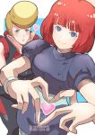  1boy 1girl absurdres blowing_kiss blue_eyes bob_cut commentary_request double-parted_hair four-finger_heart_hands gaw_ha_leecee heart heart_hands highres juusenki_l-gaim k_katora kyao_mirao looking_at_viewer red_hair short_sleeves 