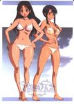  2girls artist_request azumanga_daiou bare_shoulders barefoot bikini blue_hair breasts brown_eyes brown_hair cleavage female hands_on_hips highres hips kurosawa_minamo large_breasts long_hair looking_at_viewer multiple_girls sandals swimsuit tanizaki_yukari teacher wide_hips 