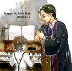  black_hair child cross cross_necklace dated fate/zero fate_(series) father's_day father_and_son glasses highres instrument jewelry kotomine_kirei kotomine_risei male_focus multiple_boys necklace organ priest rakuko stole traditional_media watercolor_(medium) wide_sleeves younger 