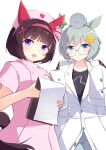 2girls absurdres animal_ears black_shirt blue_eyes blunt_bangs blush breasts brown_hair clipboard closed_mouth coat commentary_request doctor dress ear_covers flower glasses grey_hair hair_between_eyes hair_flower hair_ornament hairband hairclip hat head_mirror heart highres holding holding_clipboard horse_ears horse_girl horse_tail kanzakietc lab_coat long_sleeves looking_at_viewer multiple_girls nishino_flower_(umamusume) nurse nurse_cap open_mouth pink_dress pink_hairband purple_eyes round_eyewear seiun_sky_(umamusume) shirt short_hair short_sleeves simple_background single_ear_cover sleeves_past_fingers sleeves_past_wrists small_breasts smile sunflower sunflower_hair_ornament tail umamusume white_background white_coat x_hair_ornament 
