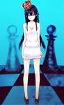  bare_shoulders black_hair blue_eyes chess_piece chessboard crown dress hair_ribbon highres loafers long_hair looking_at_viewer original ribbon rinnkai shoes solo white_dress 