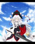  air animal_ears auer back-to-back bad_id bad_pixiv_id black_hair closed_eyes cloud day hat inubashiri_momiji multiple_girls parody scarf shameimaru_aya shield short_hair sky sword tail touhou weapon white_hair wolf_ears wolf_tail 