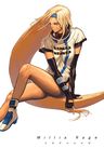  blonde_hair blue_eyes blue_headband elbow_gloves fingerless_gloves gloves guilty_gear hairband legs long_hair millia_rage nekkeau sitting solo strap very_long_hair 