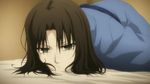  :/ bed bored brown_eyes brown_hair japanese_clothes kara_no_kyoukai kimono lying pout ryougi_shiki screencap short_hair solo 