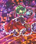  absurdres autumn capura_lin dress front_ponytail green_eyes green_hair highres kagiyama_hina leaf outstretched_arm outstretched_hand ribbon smile solo touhou 