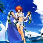  alf874 astelion barefoot boots boots_removed breasts cross-laced_footwear holding holding_shoes ibis_douglas jacket jewelry knee_boots lace-up_boots mecha medium_breasts midriff navel necklace red_eyes red_hair shoes short_hair shorts super_robot_wars 
