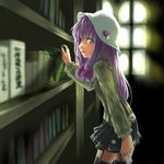  alternate_costume blue_eyes book contemporary garter_straps green_shirt hat library long_hair patchouli_knowledge purple_hair ribbon shirt skirt solo ssi sweater thighhighs touhou zettai_ryouiki 