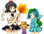  backpack bag black_hair black_skirt blue_dress blue_eyes blue_hair dress extra_eyes flat_cap hat kawashiro_nitori leaf_print moriya_suwako multiple_girls pleated_skirt pom_pom_(clothes) red_eyes sasago_kaze shameimaru_aya short_hair simple_background skirt standing tokin_hat touhou two_side_up white_background 